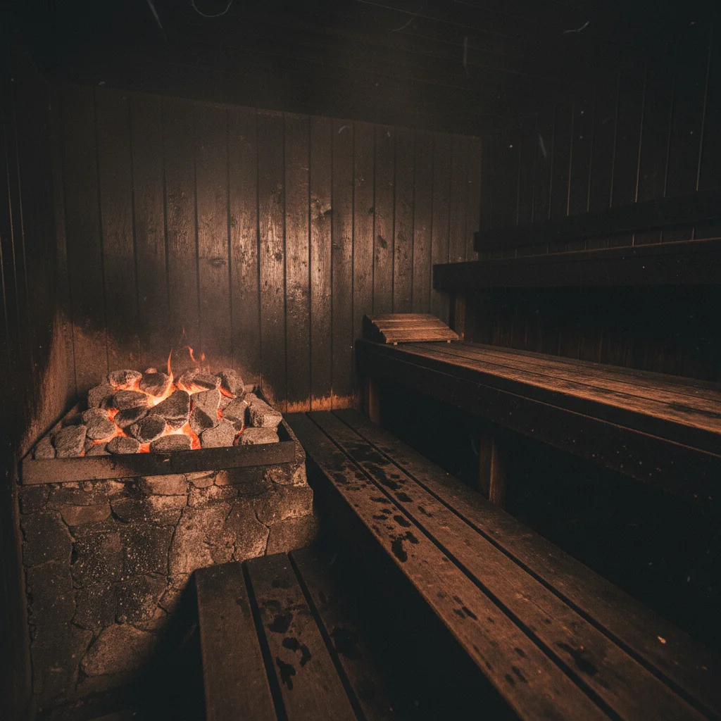 Innenraum einer finnischen Rauchsauna mit geschwärzten Wänden und glühenden Steinen