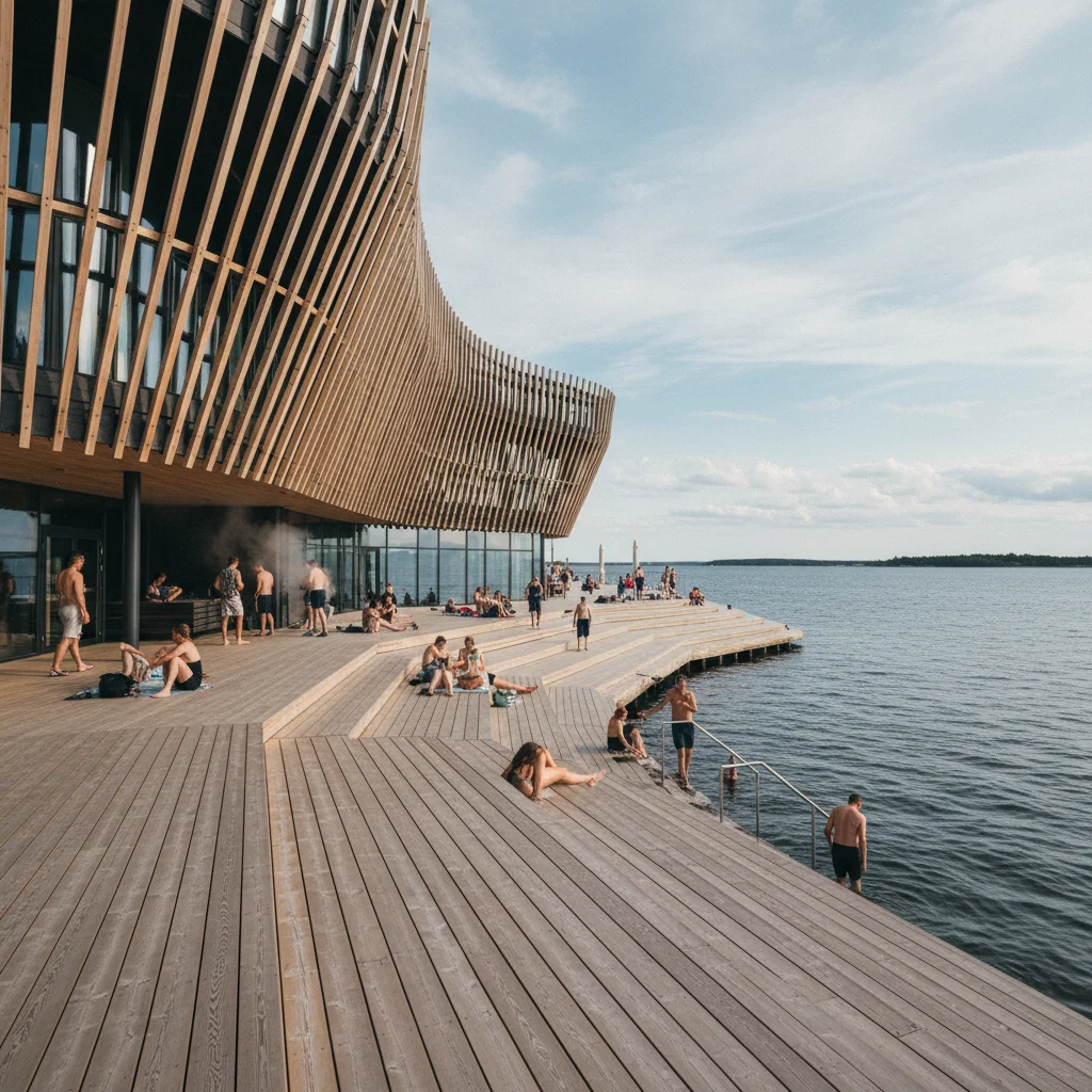 Moderne Holzfassade der Löyly-Sauna in Helsinki am Meer mit Terrasse und Badegästen