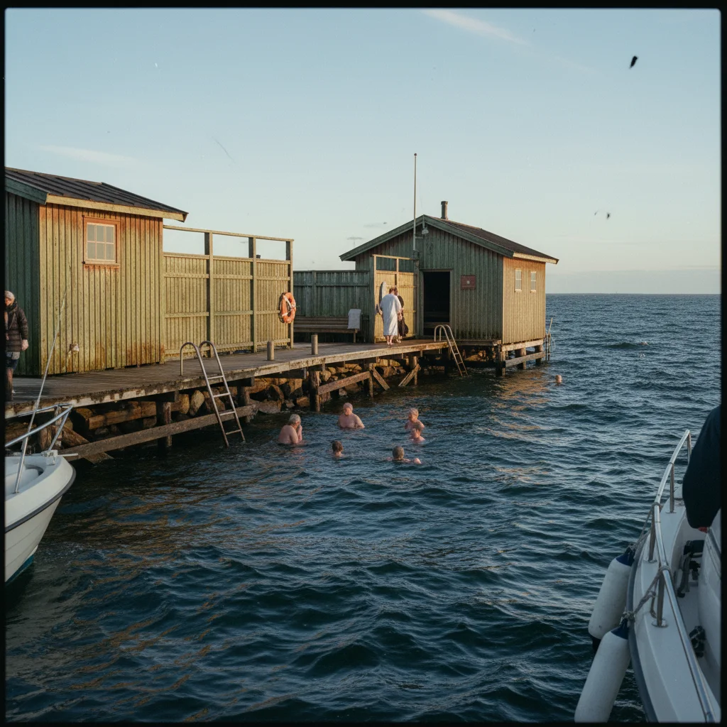 Kallbadhus auf Pfählen über dem Meer mit Badeplattform und Saunagebäude in Schweden