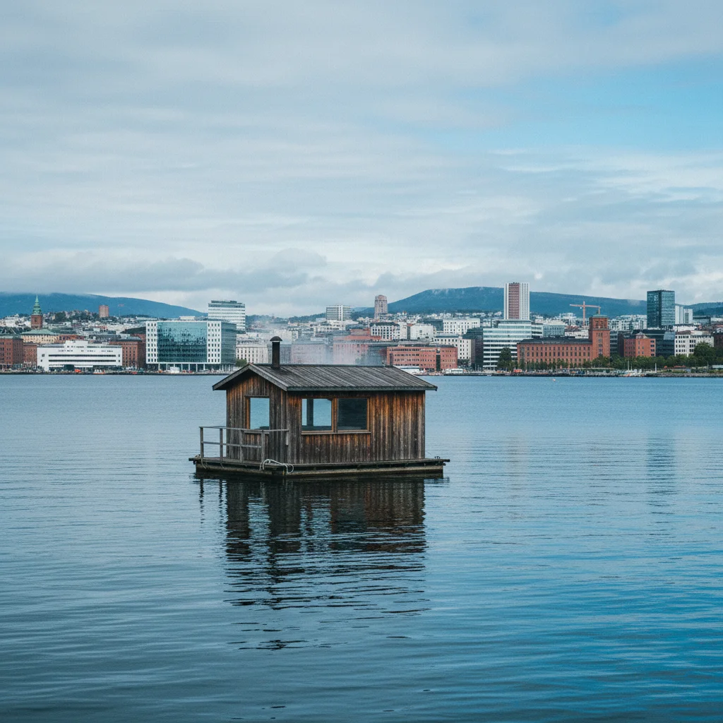 Schwimmende Holzsauna auf dem Oslofjord mit Stadtpanorama im Hintergrund
