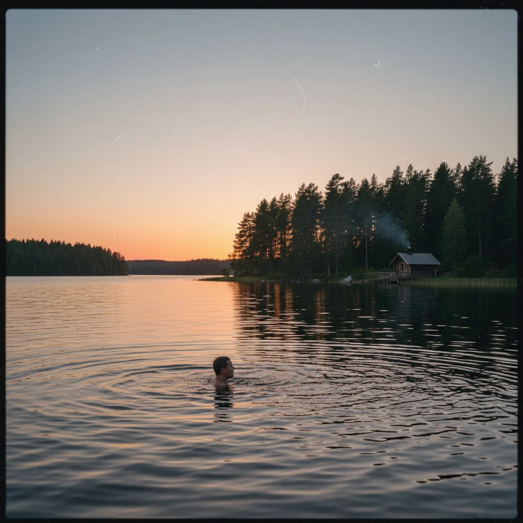 Person schwimmt im See nach dem Saunagang in Schweden bei Abendlicht