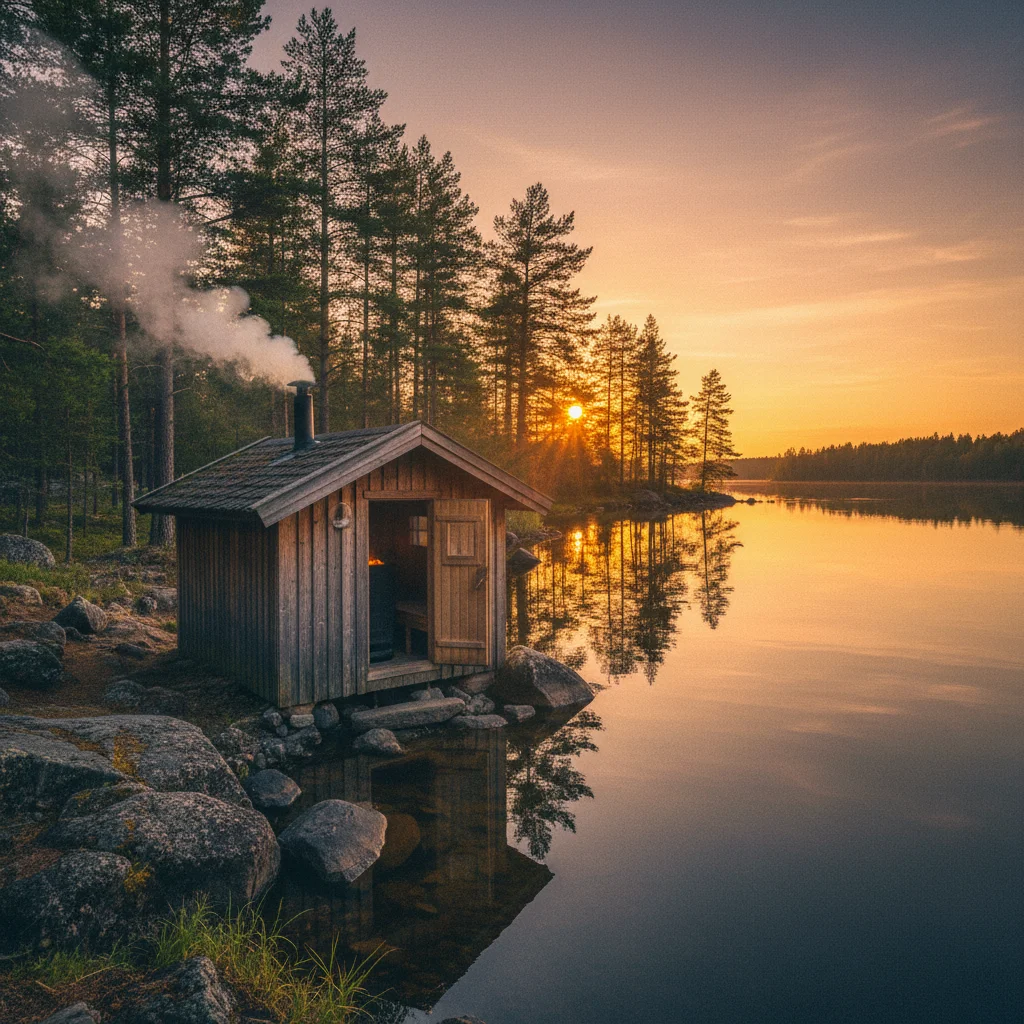 Holzsauna am Ufer eines stillen finnischen Sees im Abendlicht mit aufsteigendem Dampf