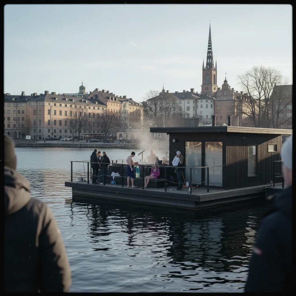 Moderne urbane Sauna in Stockholm mit Blick auf das Wasser und die Stadtsilhouette