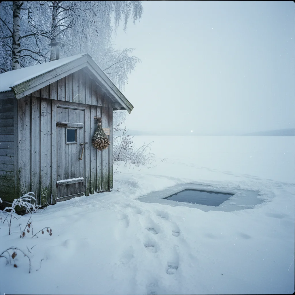 Dampfende Bastu im verschneiten schwedischen Winter mit Eisloch im zugefrorenen See