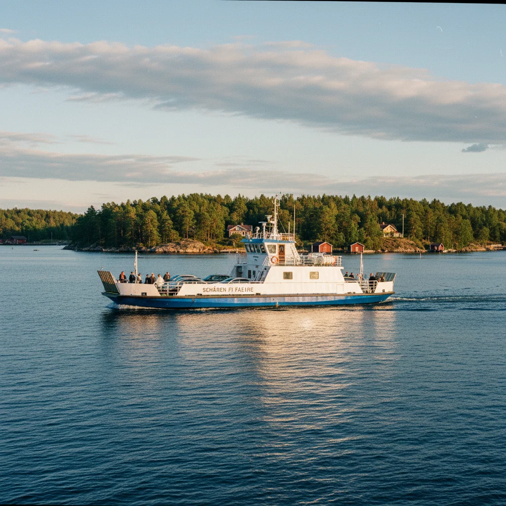 Fähre im finnischen Schärenmeer zwischen grünen Inseln