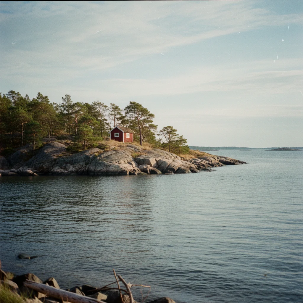 Typische Schäreninsel mit rotem Holzhaus vor Finnlands Küste