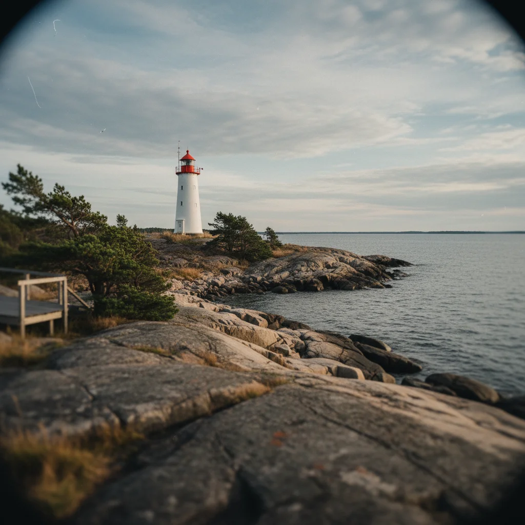 Leuchtturm auf einer kahlen Felsinsel in Finnlands Schären
