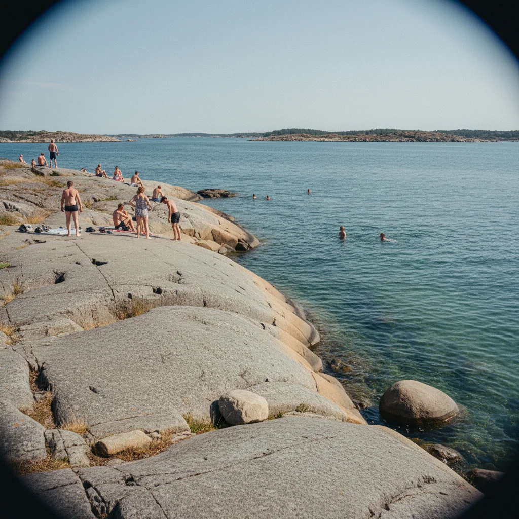 Menschen baden an den glatten Felsen einer Göteborger Schäreninsel an einem Sommertag