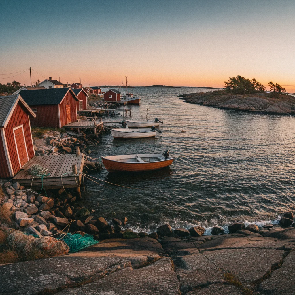 Kleines Fischerdorf auf einer Göteborger Schäreninsel bei Sonnenuntergang