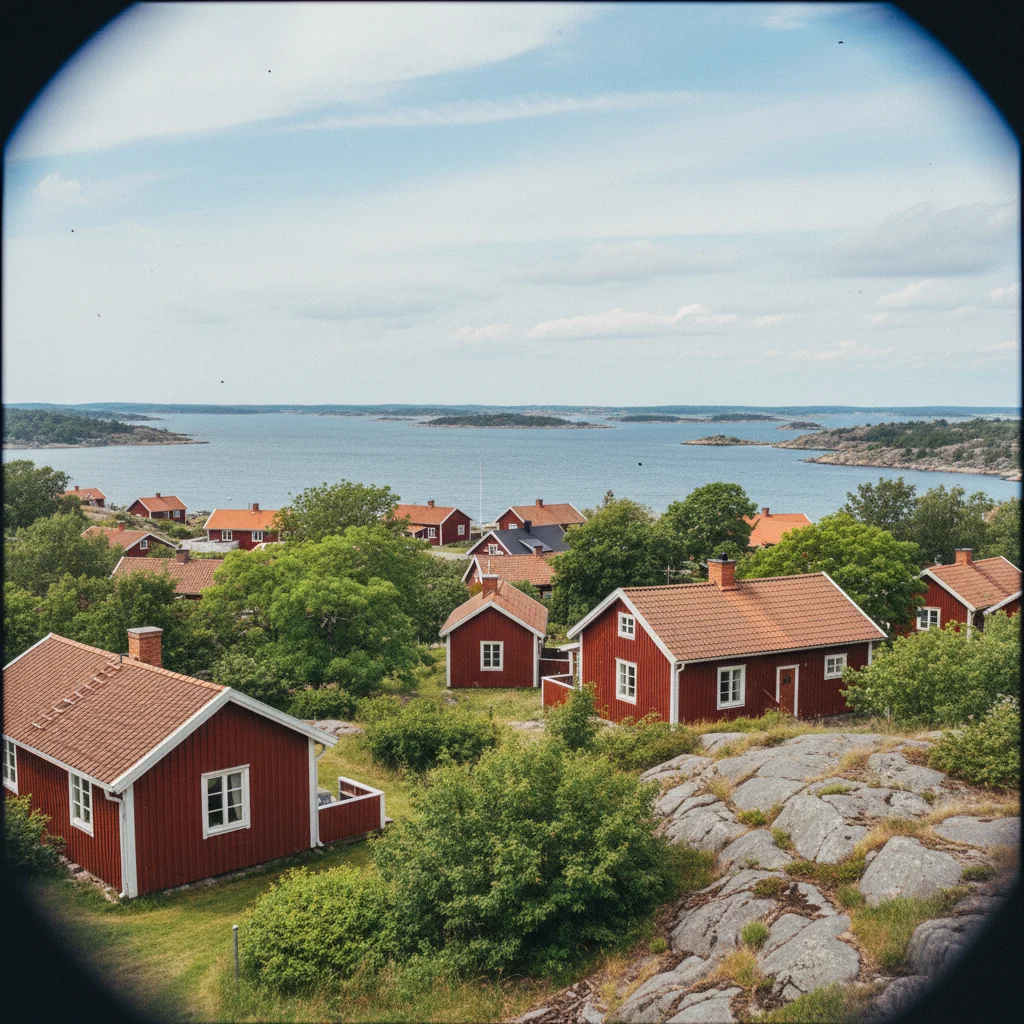 Blick über die roten Holzhäuser von Styrsö im Göteborger Schärengarten