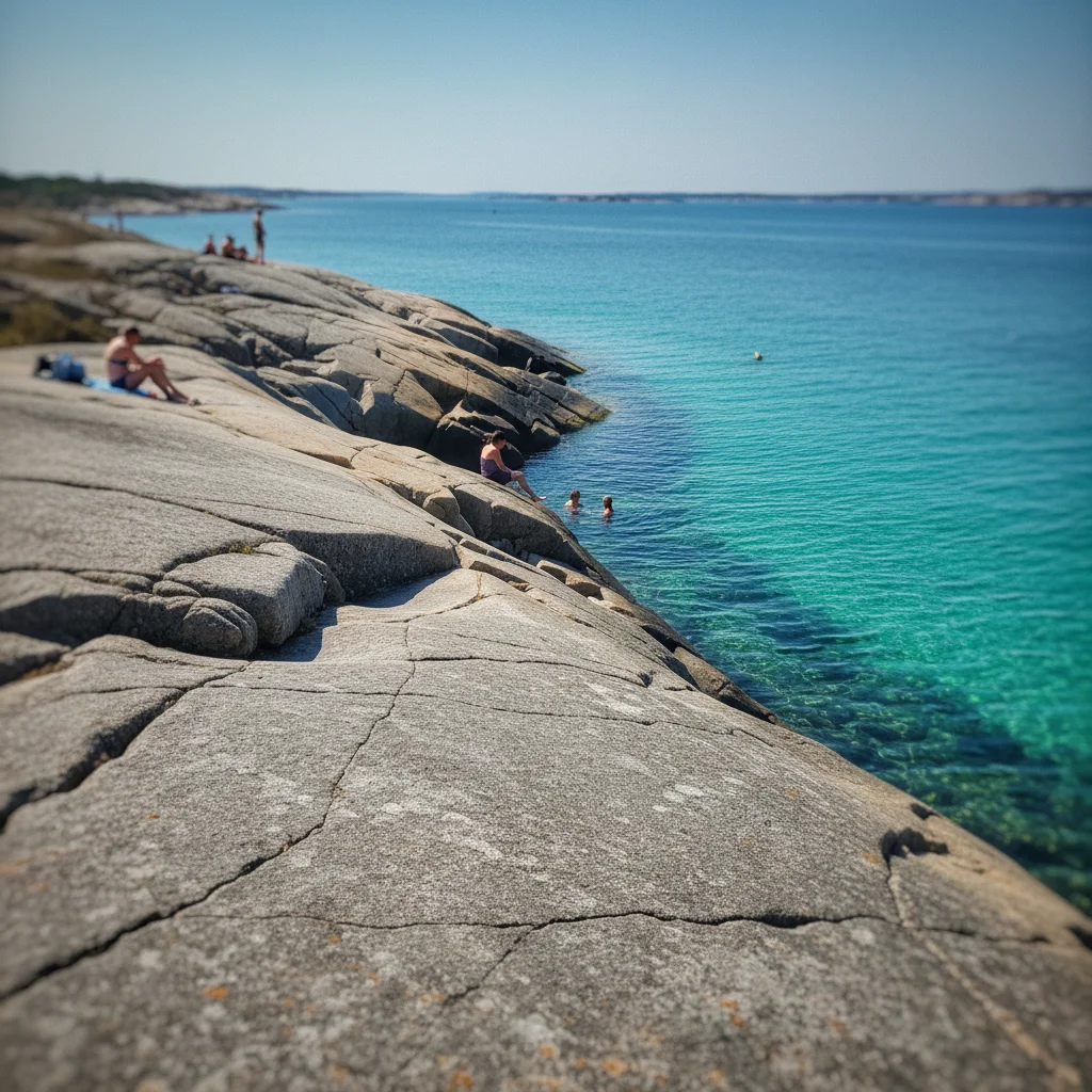 Badeklippen und türkisblaues Wasser an der Südspitze von Vrångö