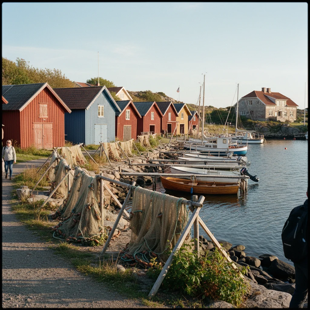 Kleines Fischerdorf im schwedischen Schärengarten mit Bootsschuppen und Steg