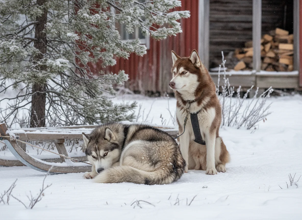 Zwei Schlittenhunde ruhen im Schnee neben einem Holzschlitten vor einer roten Wildnishütte in Lappland