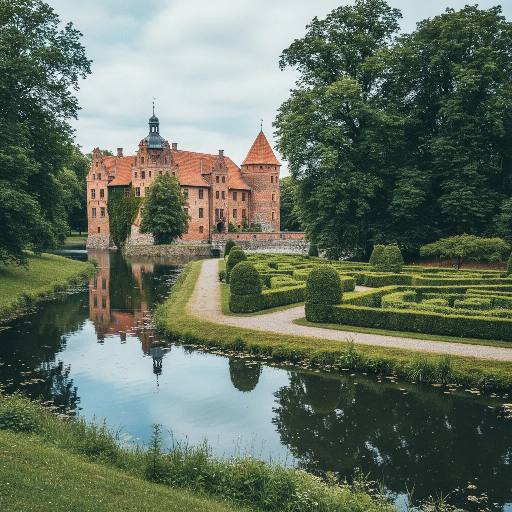 Schloss Egeskov auf Fünen umgeben von Wasser und grünen Gärten