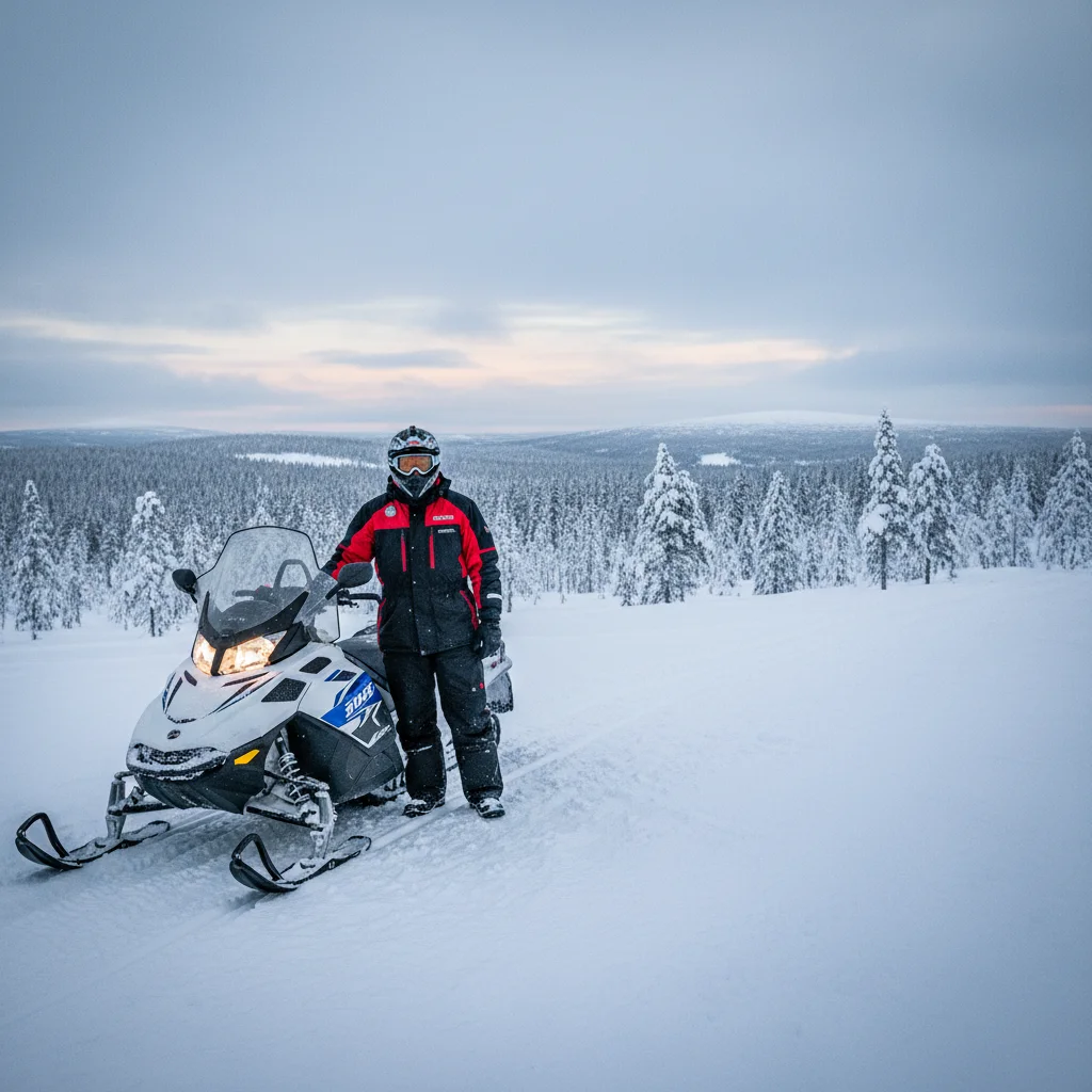 Schneemobilfahrer mit Thermoanzug und Helm vor einem Schneemobil in lappländischer Winterlandschaft
