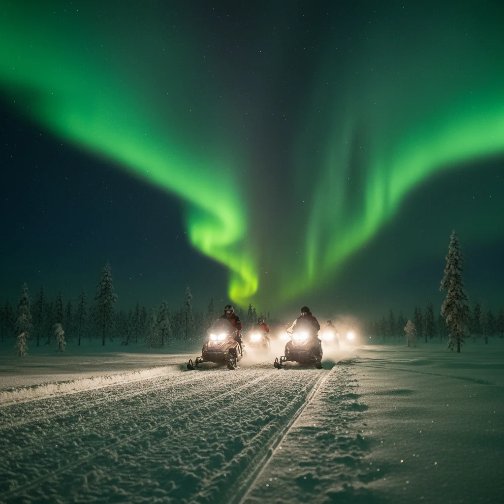 Schneemobil unter dem Nordlicht in Lappland