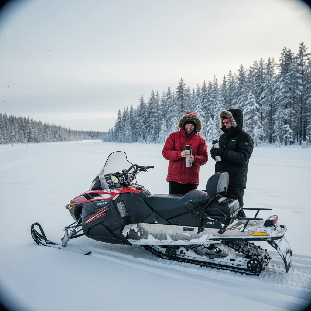 Kaffeepause am Lagerfeuer während einer Schneemobiltour