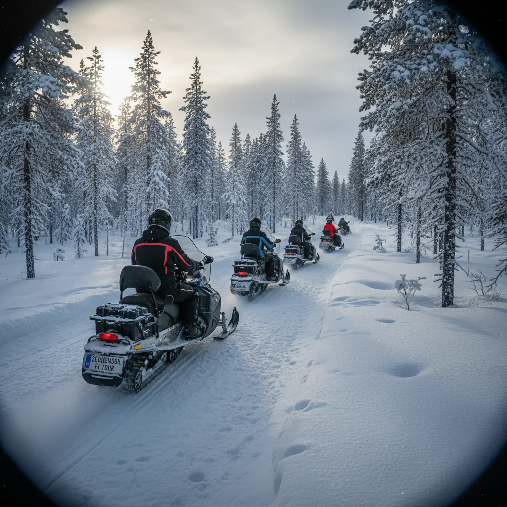 Schneemobiltour durch die verschneite Landschaft Finnisch-Lapplands