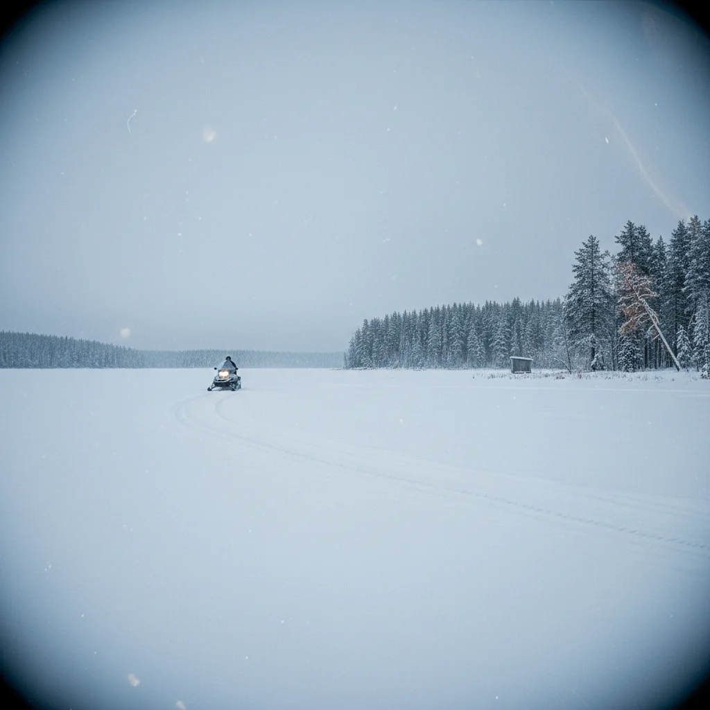 Schneemobil auf einem zugefrorenen See in Nordschweden, weite Schneefläche bis zum Horizont