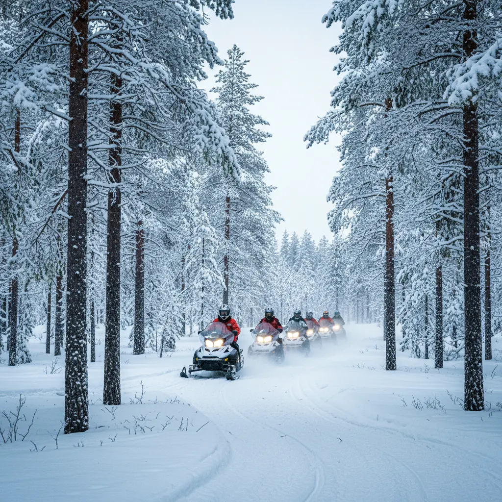Gruppe von Schneemobilen in Kolonne durch verschneiten Wald in Finnisch-Lappland