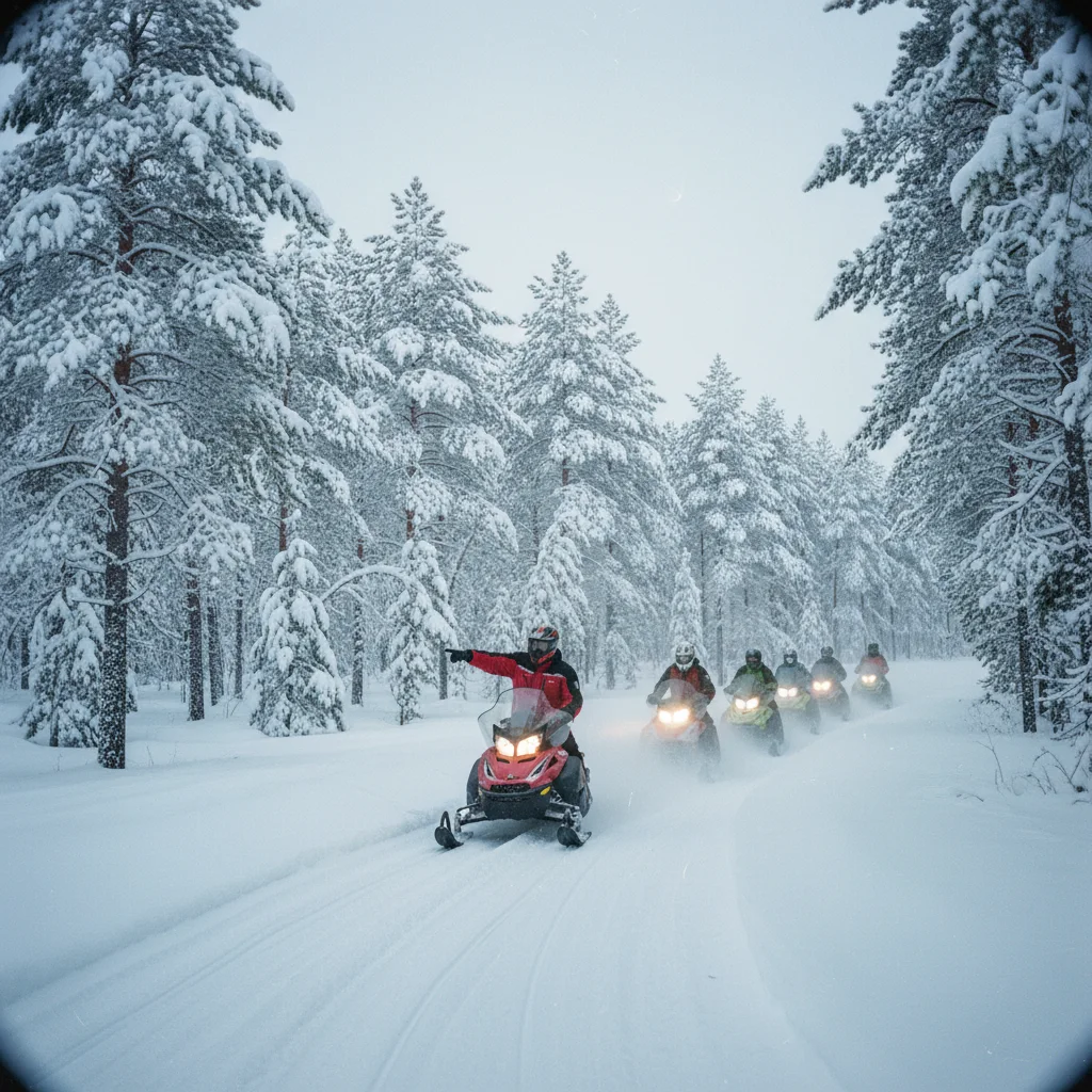 Gruppe von Schneemobilen auf einer geführten Tour durch verschneite Landschaft in Schwedisch-Lappland