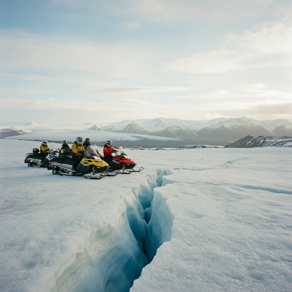Schneemobile auf dem Langjökull-Gletscher mit Blick über das isländische Hochland