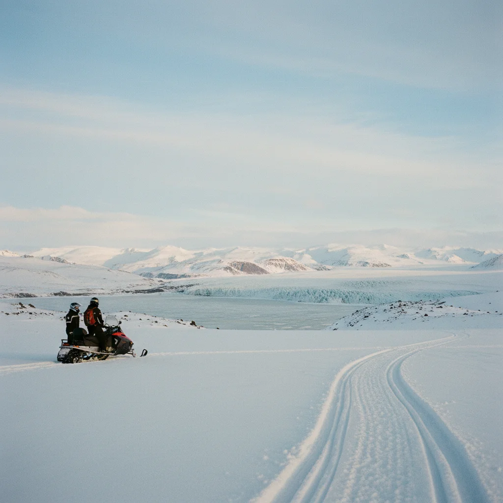 Panoramablick vom Gletscher während einer Schneemobiltour in Island