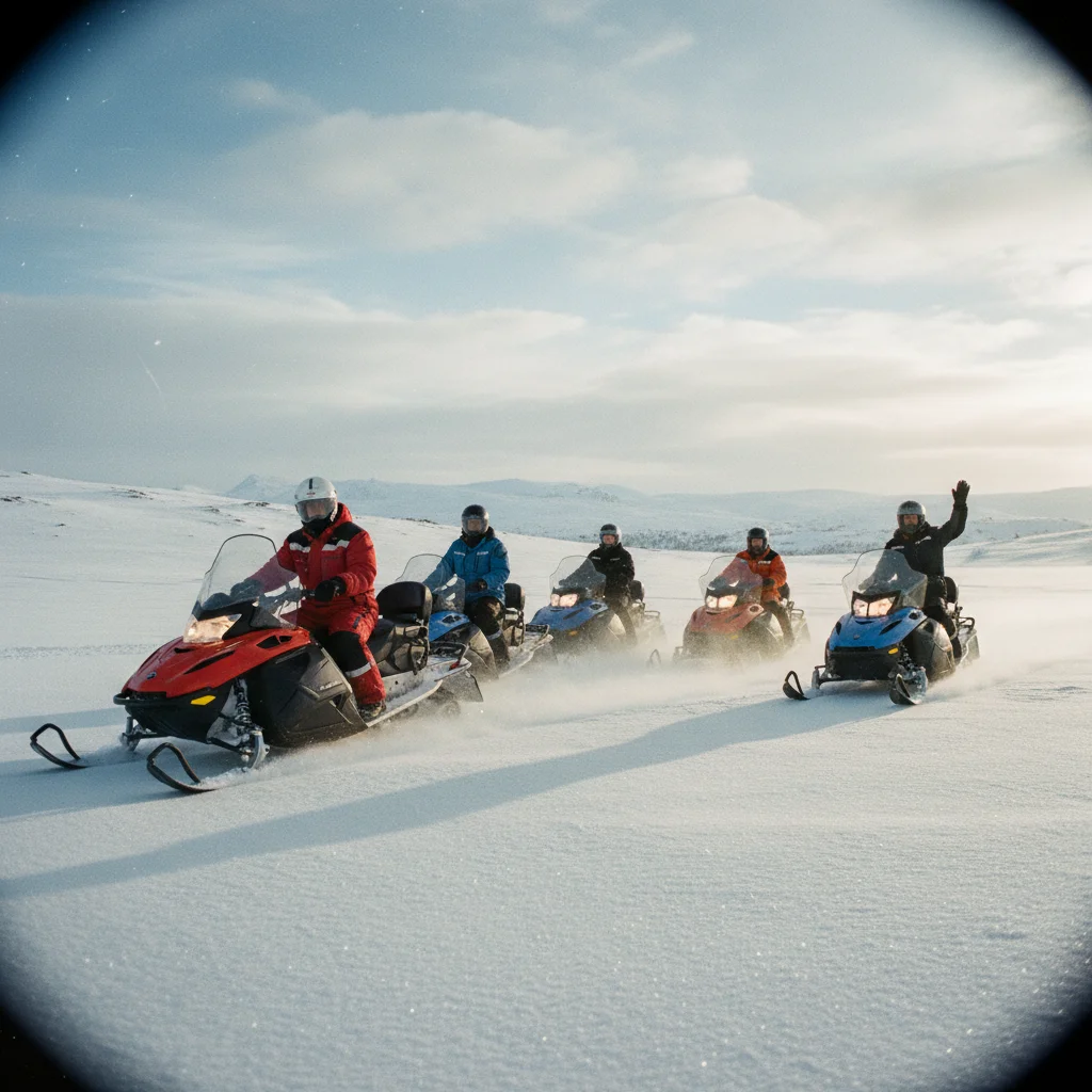 Gruppe von Schneemobilen auf einer gefuehrten Tour durch norwegische Winterlandschaft