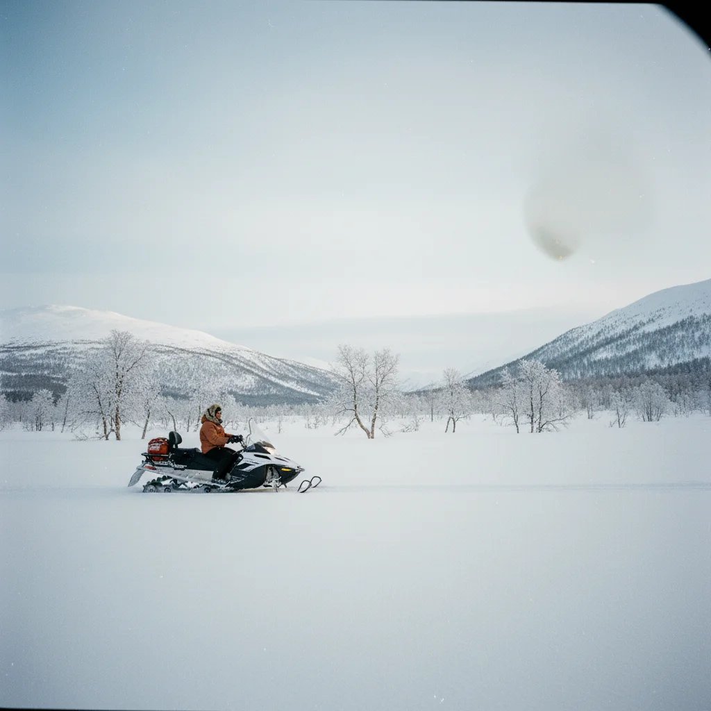 Weite norwegische Winterlandschaft mit Schneemobilspur