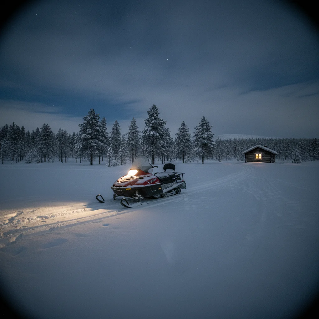 Schneemobilgruppe bei Nacht unter dem Nordlicht in Nordnorwegen
