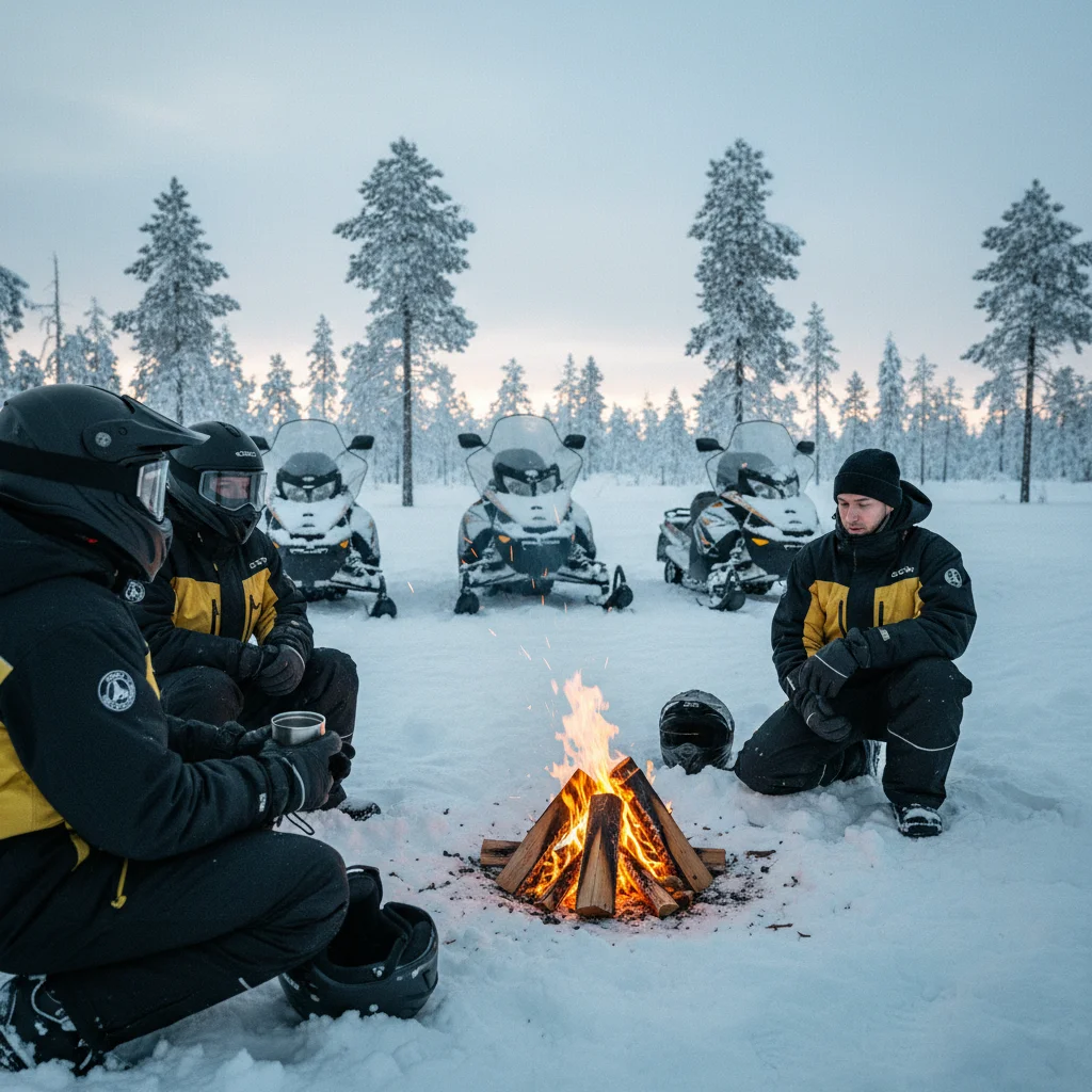 Pause während einer Schneemobiltour mit Lagerfeuer und heißem Getränk