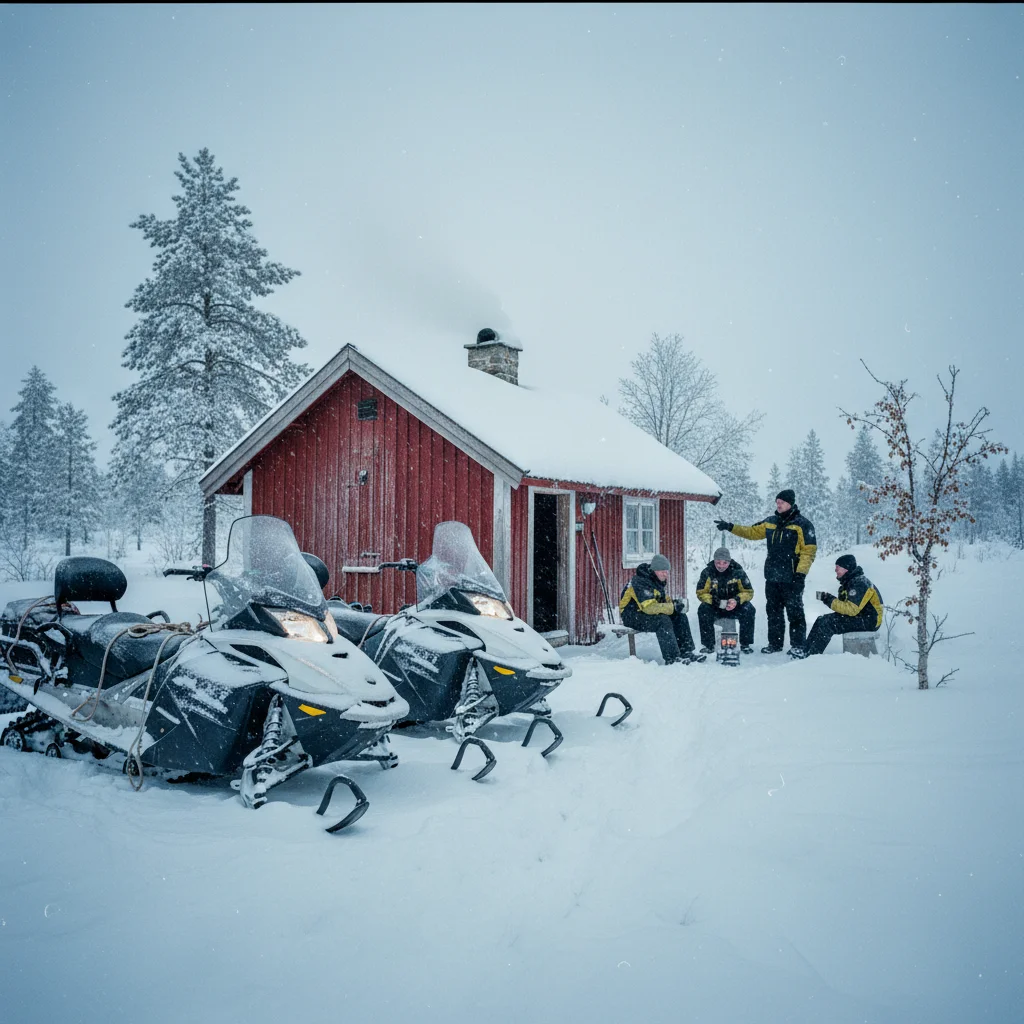 Schneemobile vor einer verschneiten Holzhütte in Lappland, Fahrer bei Pause mit heißem Getränk