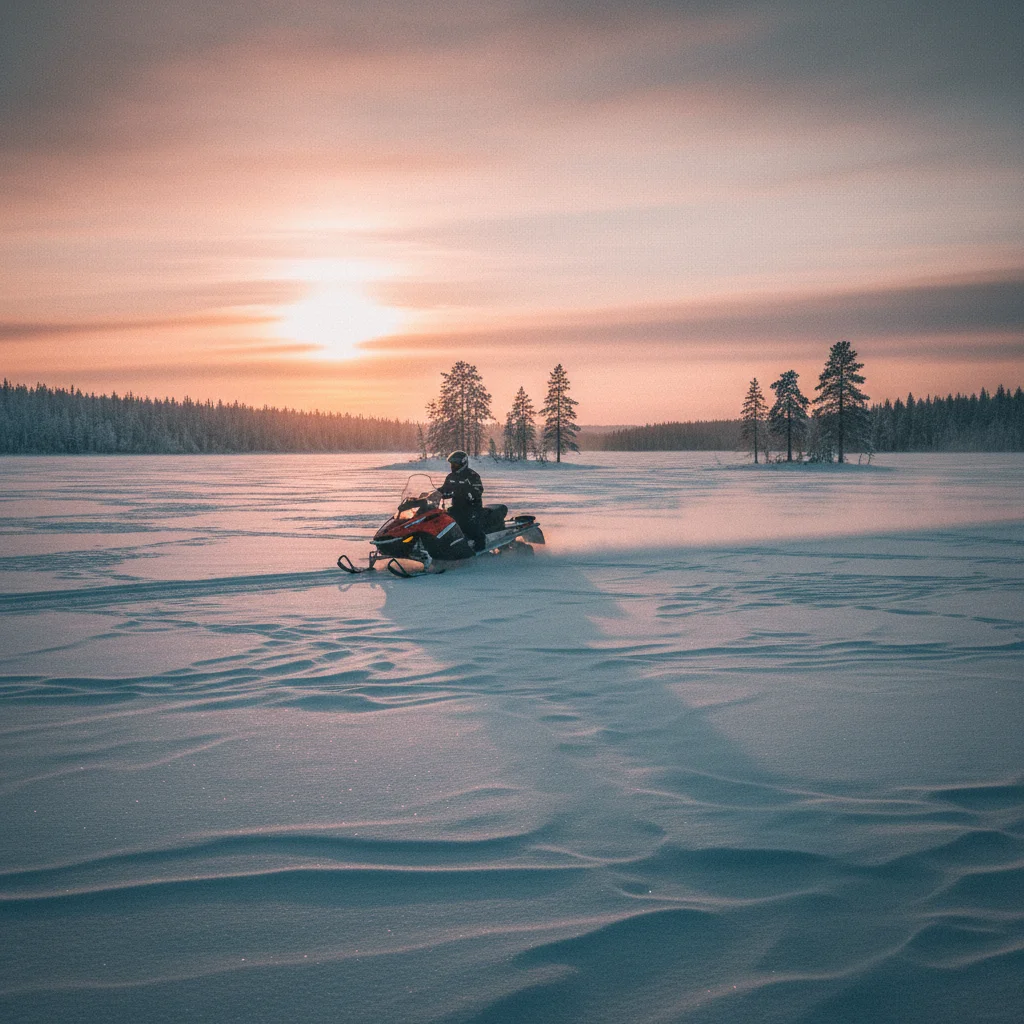Schneemobil fährt über einen zugefrorenen See in Lappland bei tiefstehender Wintersonne