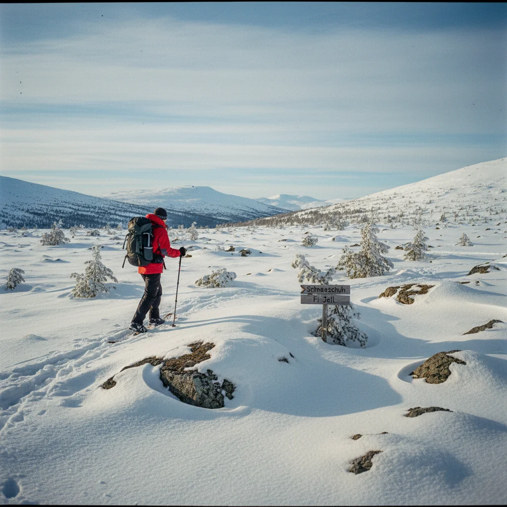 Schneeschuhwanderer auf einem verschneiten Fjell in Finnisch-Lappland