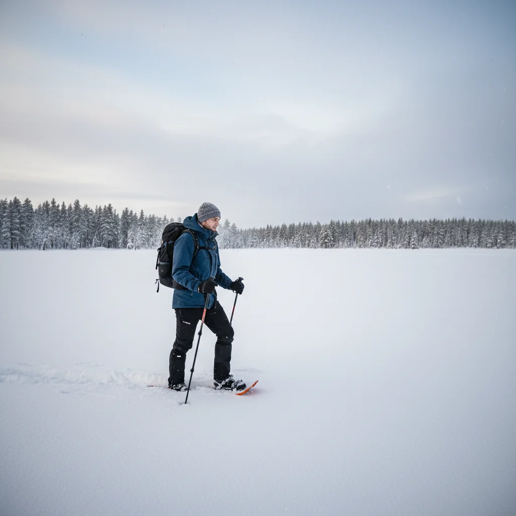 Schneeschuhwanderer in der verschneiten Landschaft Lapplands