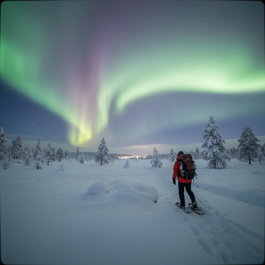 Nordlichter über einer verschneiten Landschaft in Lappland