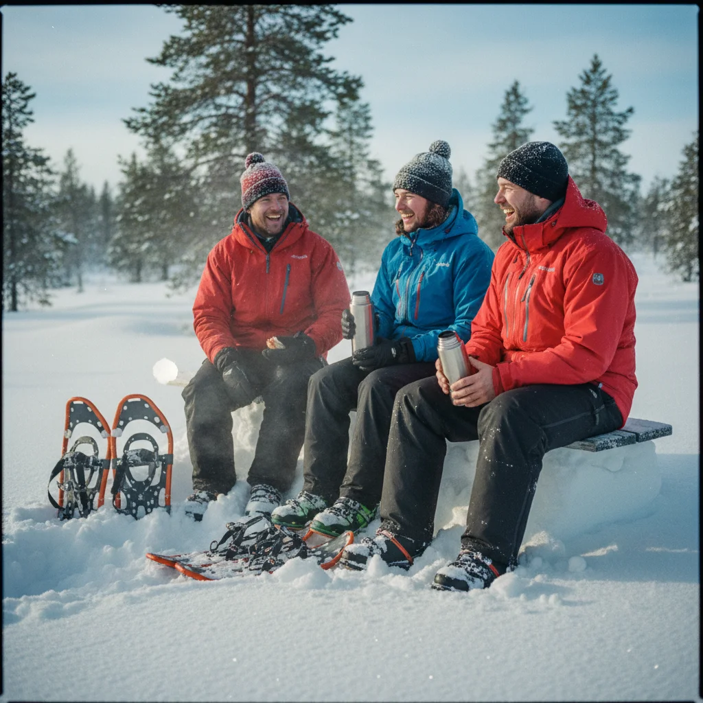 Pause an einer Feuerstelle während einer Schneeschuhwanderung