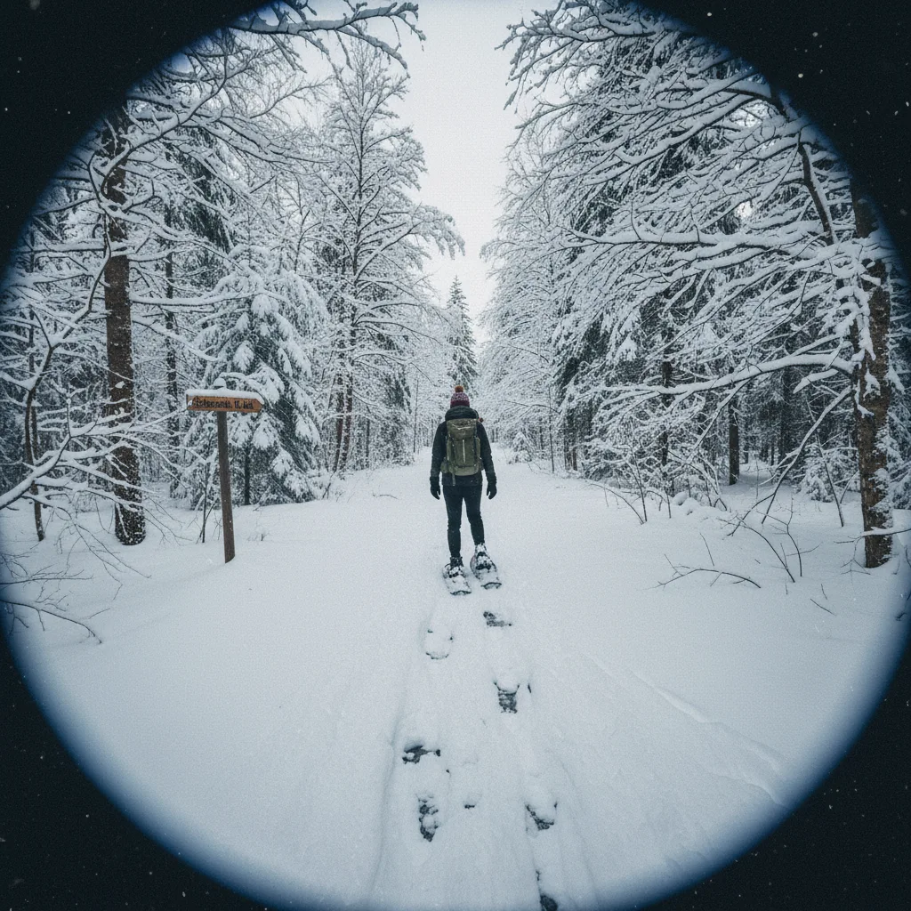 Schneeschuhwanderung durch einen verschneiten finnischen Wald