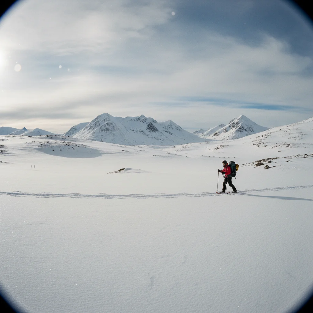 Schneeschuhwanderer im offenen Fjell mit weitem Blick über verschneite Hochebene