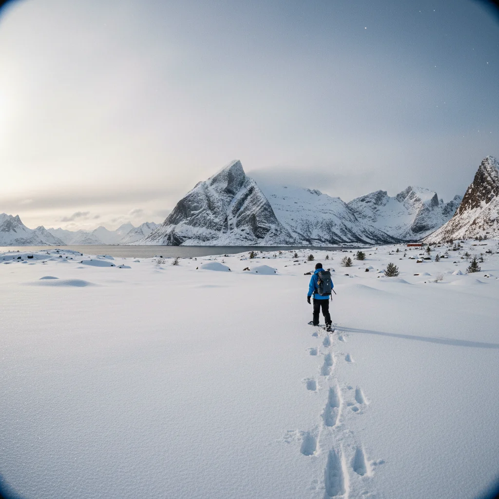 Schneeschuhwandern auf den Lofoten mit verschneiten Bergen und Meer