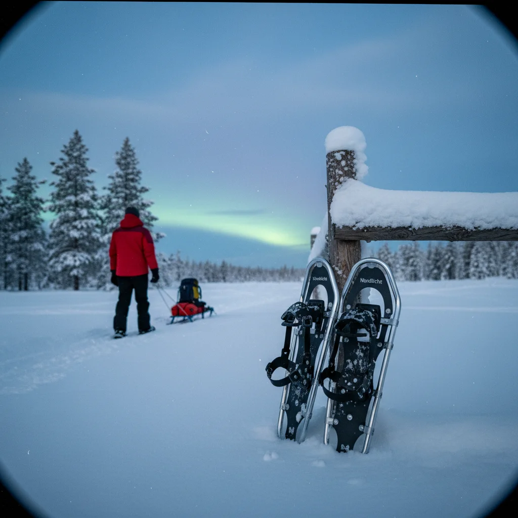 Schneeschuhwanderer unter tanzenden Nordlichtern in Nordnorwegen