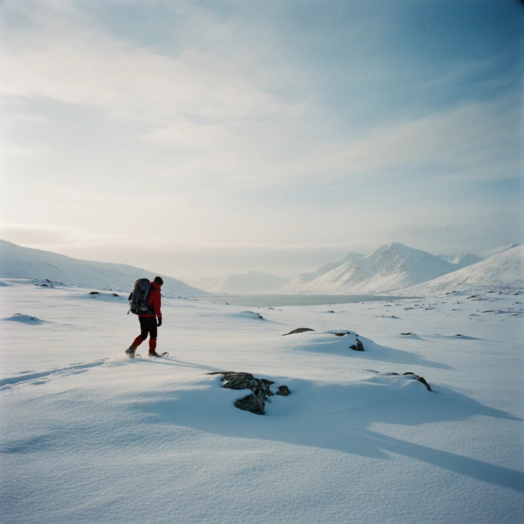 Schneeschuhwanderer oberhalb von Tromsoe mit Blick auf die Stadt und den Fjord