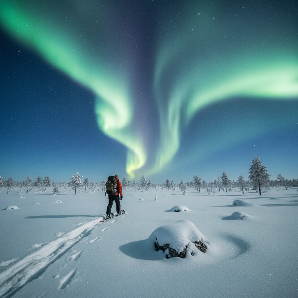 Schneeschuhwanderer in der finnischen Tundra bei Nordlicht