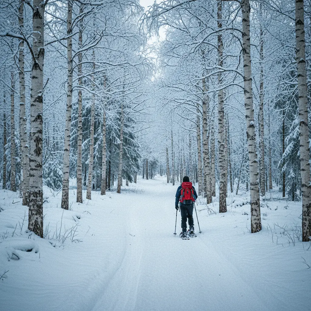 Schneeschuhwanderer in einem verschneiten Birkenwald in Schweden