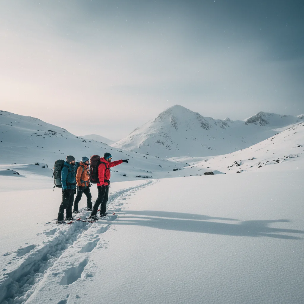 Kleine Gruppe von Schneeschuhwanderern mit Guide in verschneiter Berglandschaft