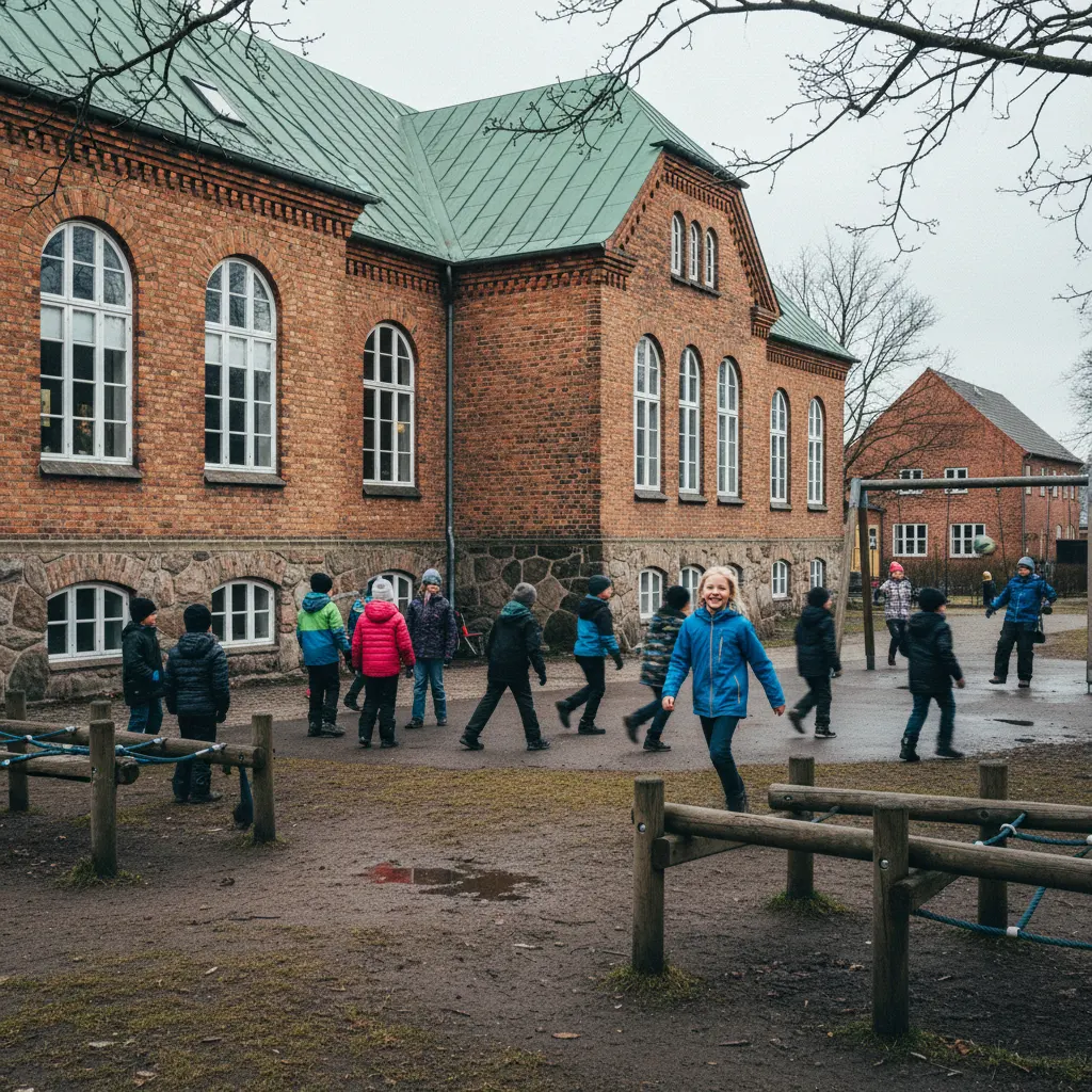 Dänische Folkeskole mit spielenden Kindern auf dem Schulhof