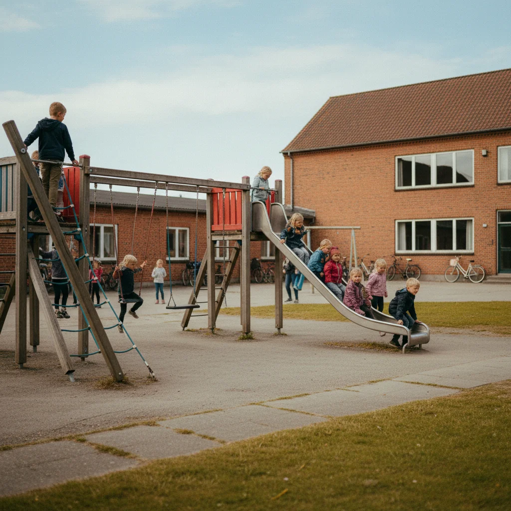 Pausenhof einer dänischen Schule mit Spielgeräten