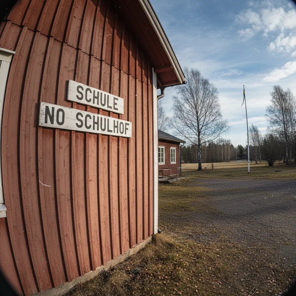 Norwegischer Schulhof mit spielenden Kindern und Holzgebäuden