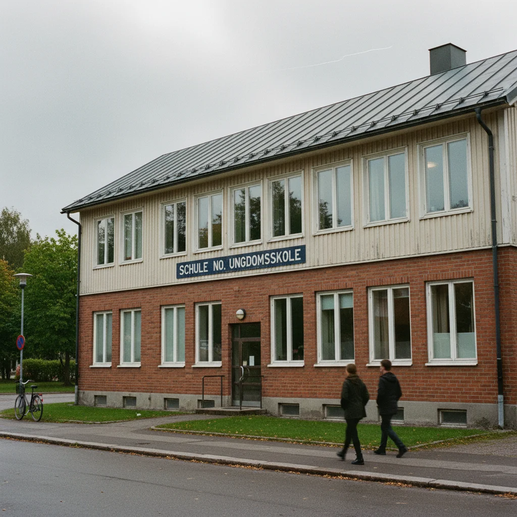 Norwegische Ungdomsskole mit Jugendlichen vor dem Schulgebäude