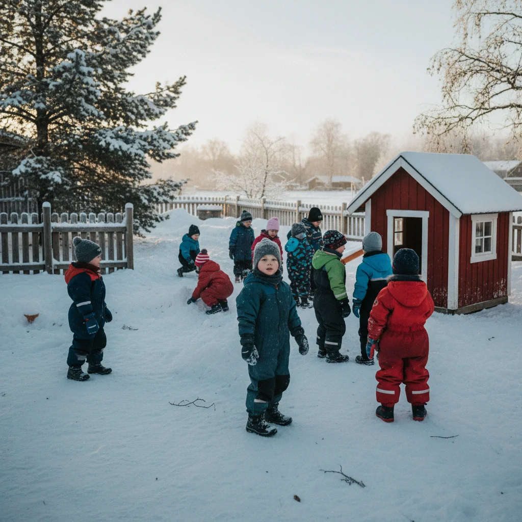 Schwedische Förskola mit spielenden Kindern im Freien